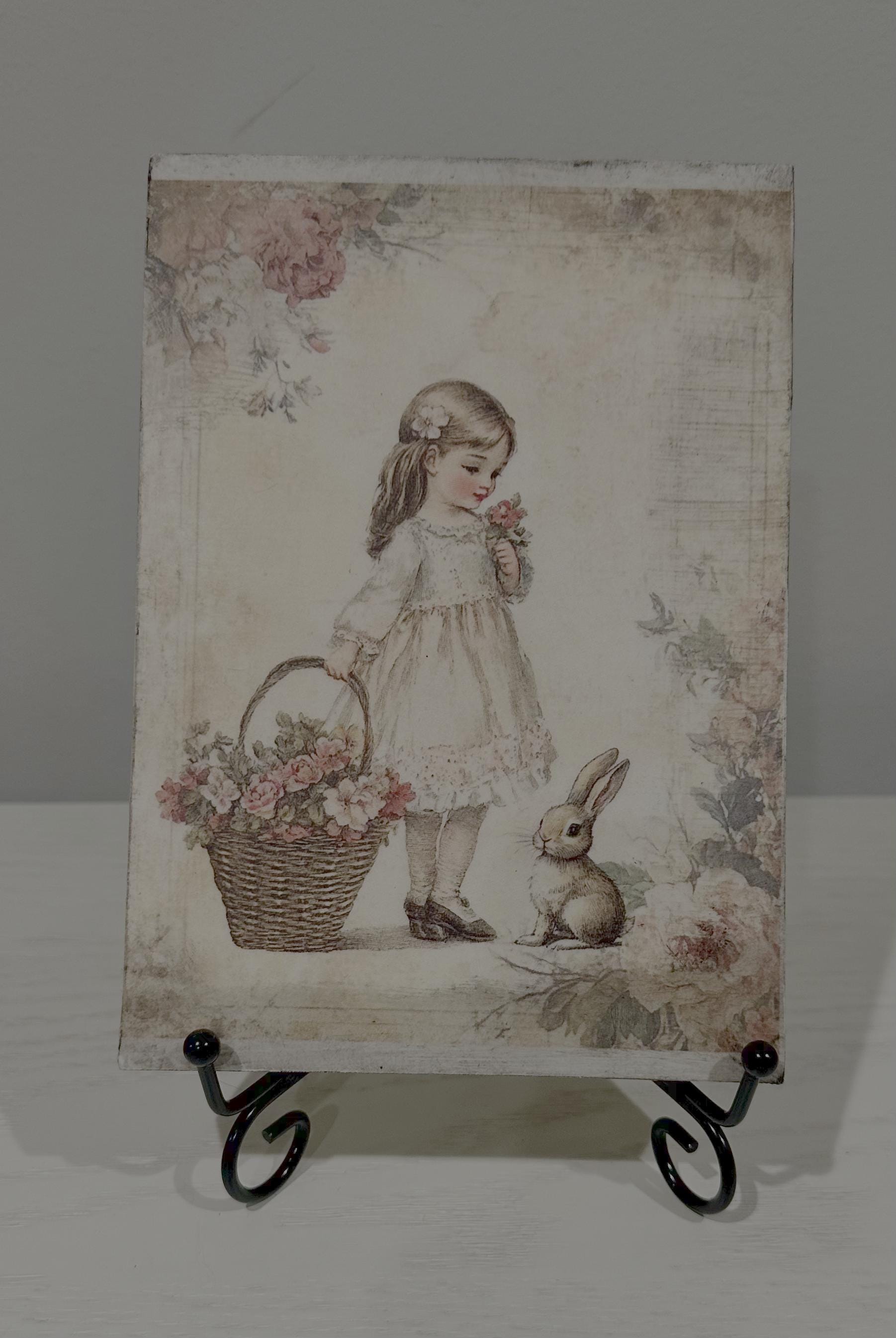 Antiqued Girl and Bunny: 5"x7"