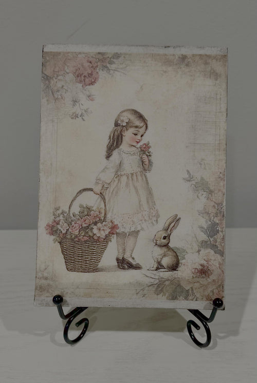 Antiqued Girl and Bunny: 5"x7"