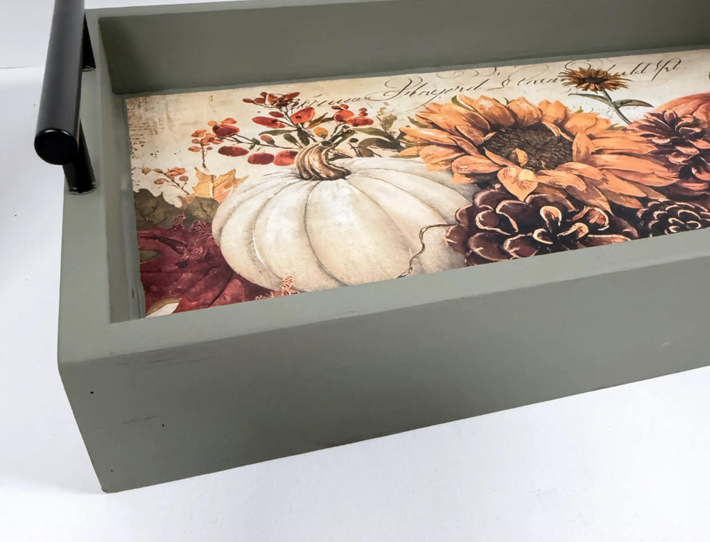 Fall Decorative Wood Tray, Pumpkin Sunflower Decoupage, Thicket Green by Mikela Lindel Home