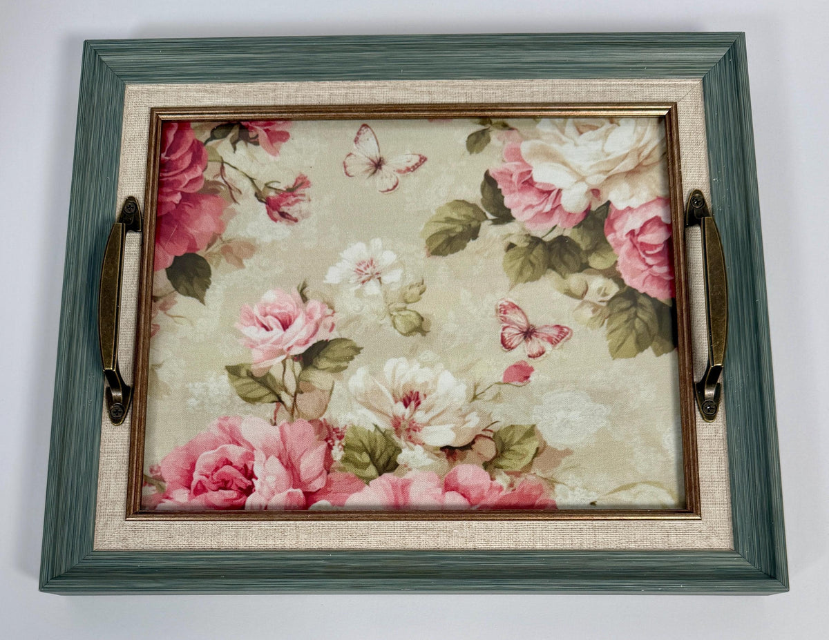 Floral Vanity Tray, Green Decor, Brass Handles, 12.5 X 10.5 In by Mikela Lindel Home