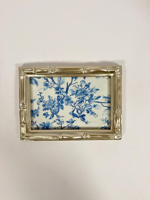 Blue Floral Vanity Tray, Silver Bamboo Frame, Jewelry Tray, 5 X 7 In