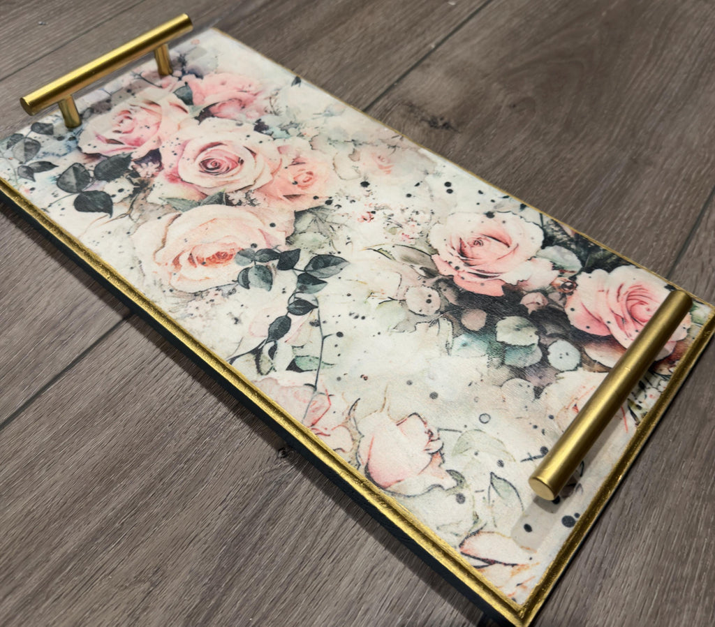 Decorative Floral Tray, Pink Rose, Brushed Gold Accents, 15.75"x8 by Mikela Lindel Home