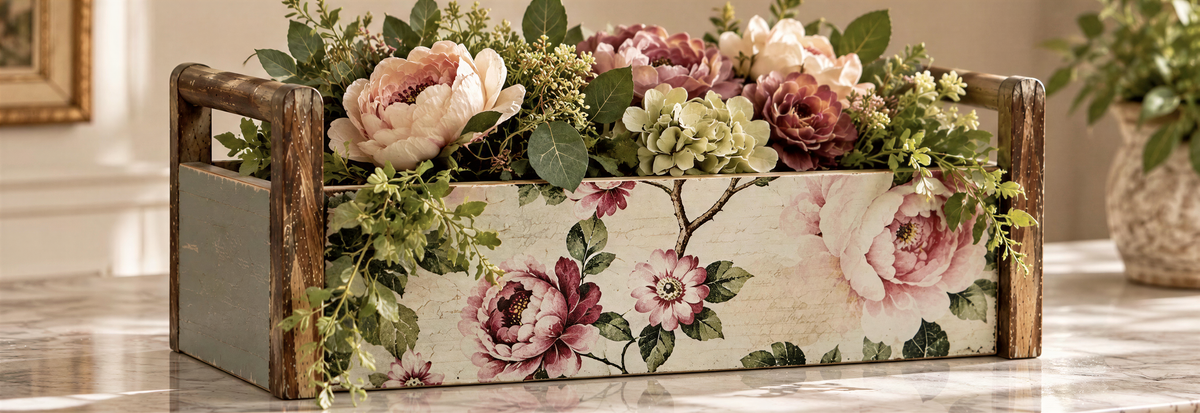 A wooden crate with a floral design, filled with a variety of colorful flowers and greenery, placed on a table.