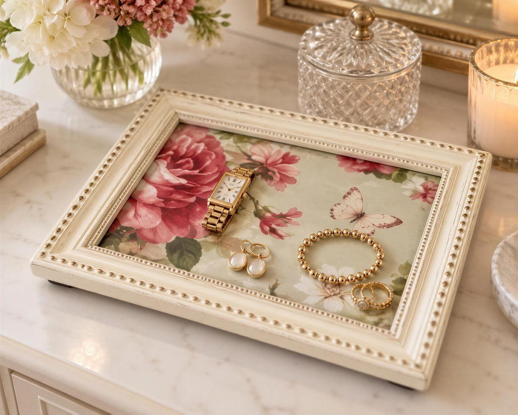 A white wooden tray with a floral design holds various pieces of jewelry, including a watch, earrings, and a bracelet, arranged on a marble countertop.
