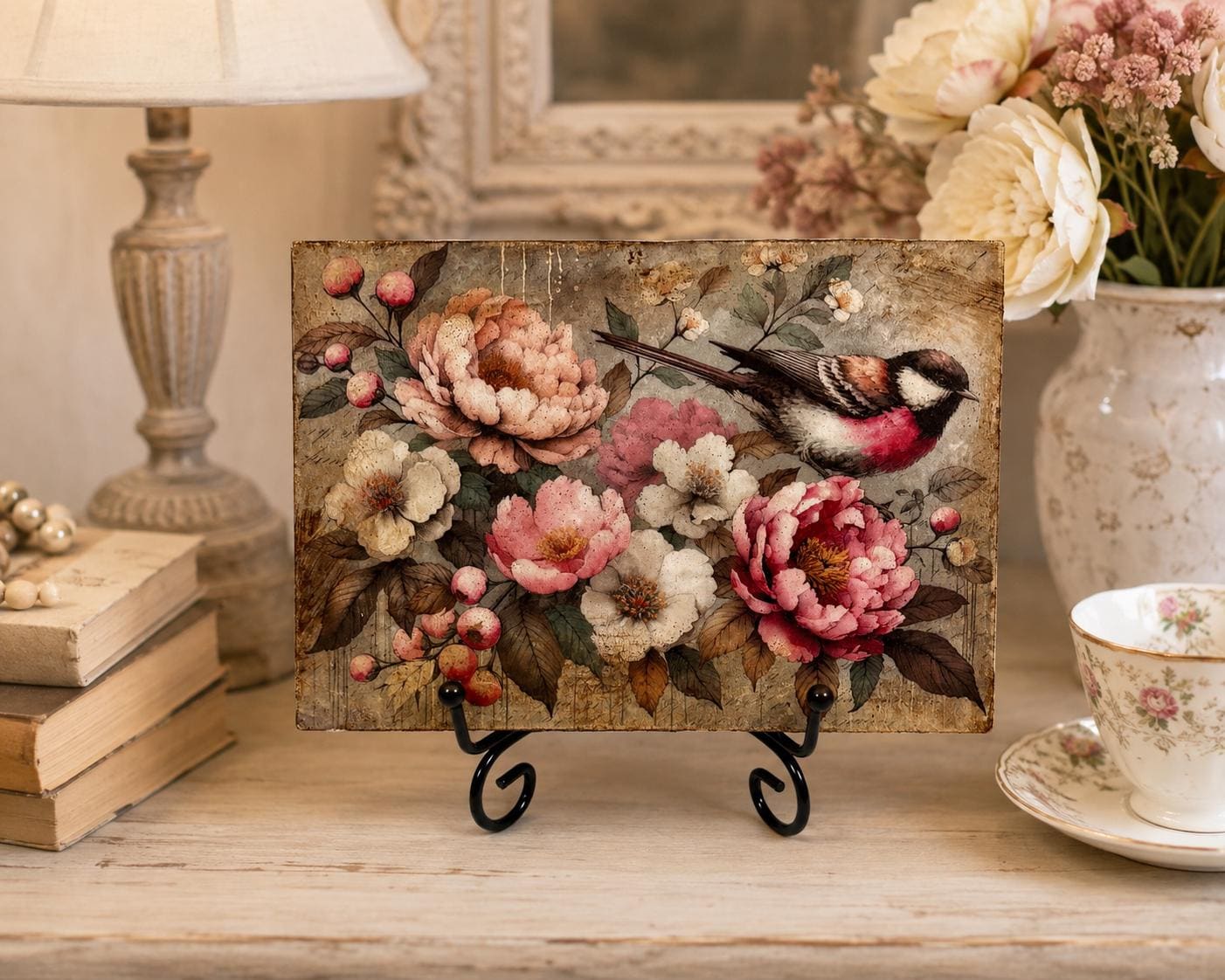 Vintage Bird and Peonies: 7"x5"