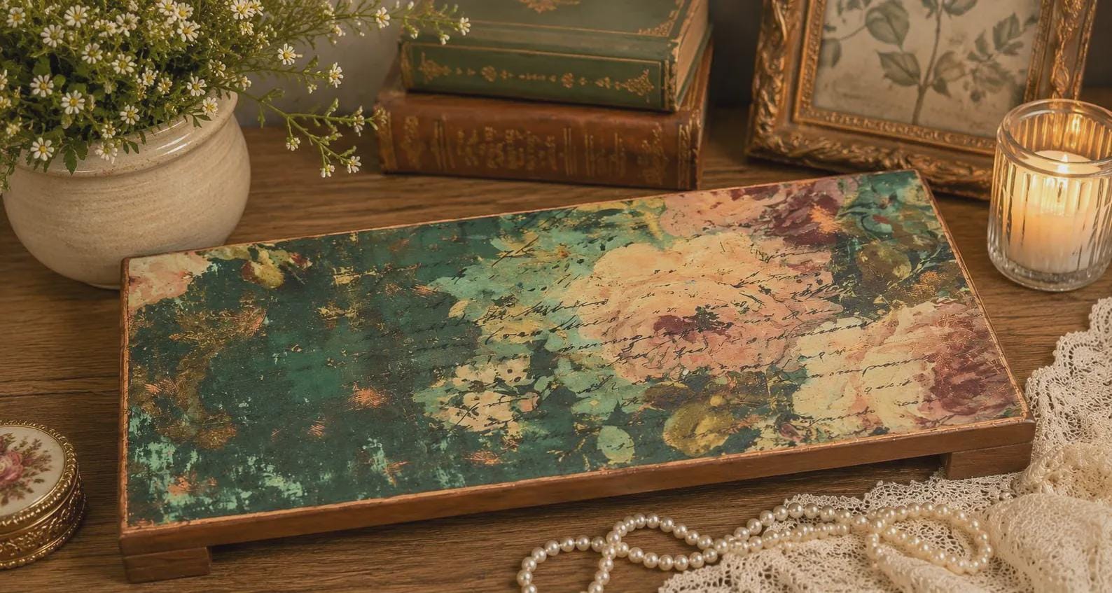 Vintage Green Floral: 15"x8"