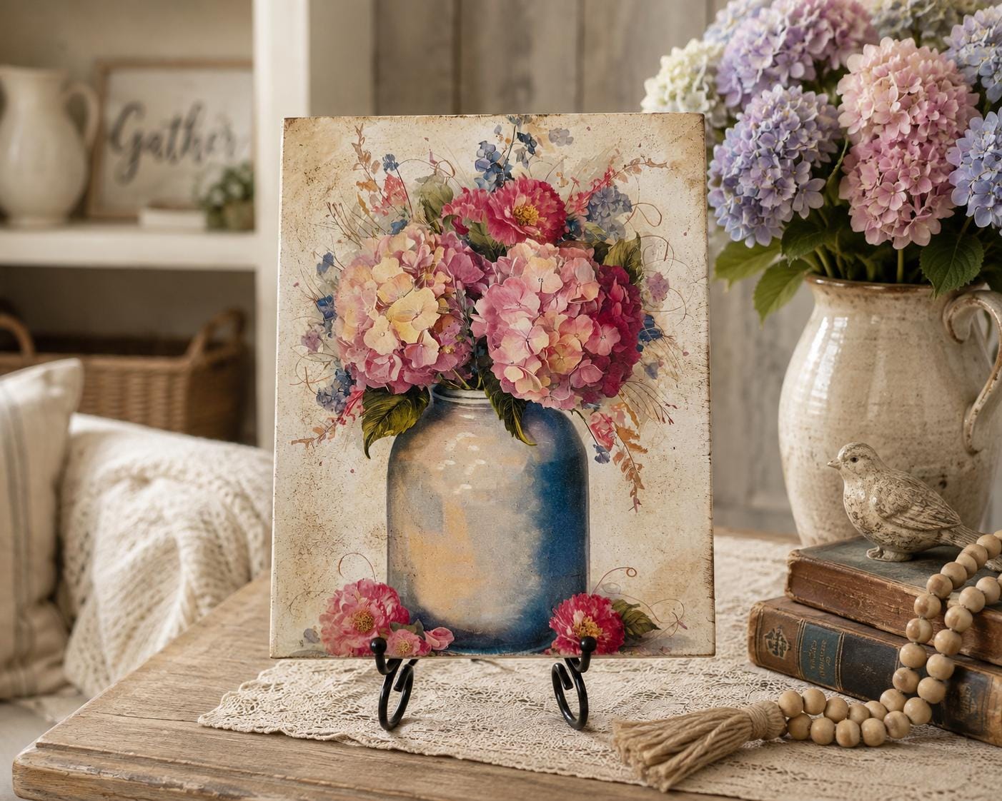 Pink Hydrangeas in Mason Jar: 8"x10"