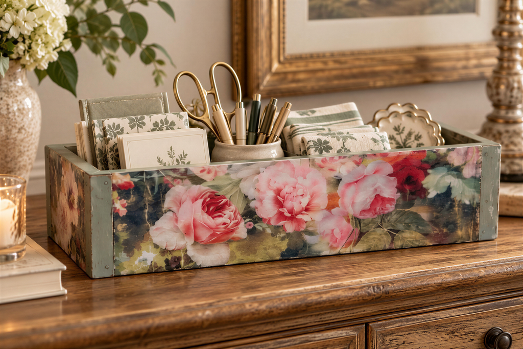 A wooden box with a floral design, containing various office supplies such as pens, scissors, and other items, placed on a wooden surface.