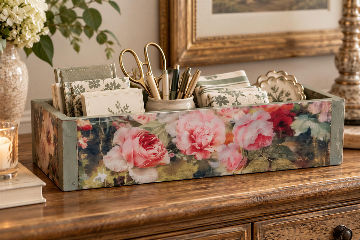 A wooden box with a floral design, containing various office supplies such as pens, scissors, and other items, placed on a wooden surface.