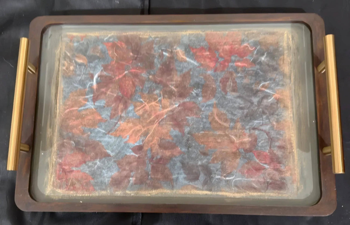Fall Decorative Tray, Autumn Leaves Wood, Gold Handles, 14"x9.25"