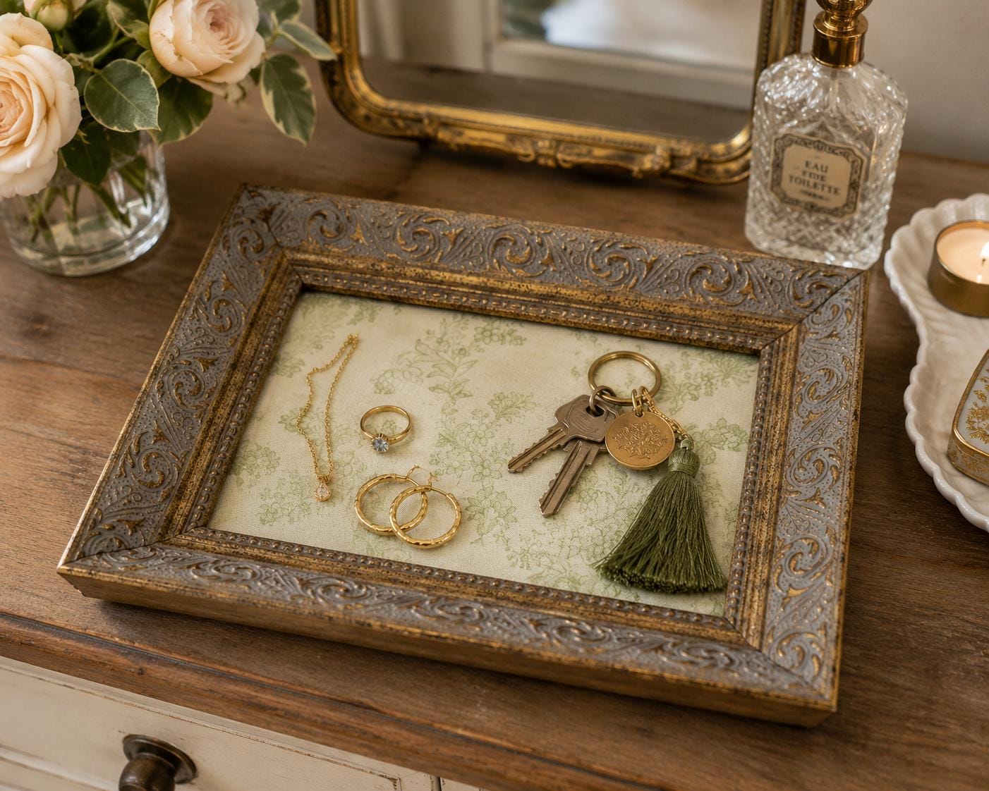 Gold and Sage Green Jewelry Tray: 9"x7"