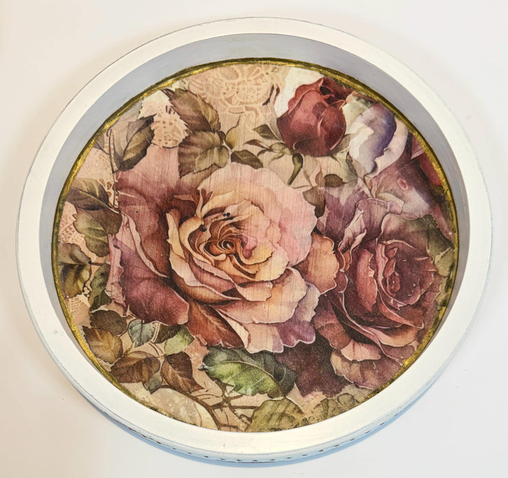 Vintage Floral Tray | Roses, 11.5-Inch Round Decoupage Tray by Mikela Lindel Home