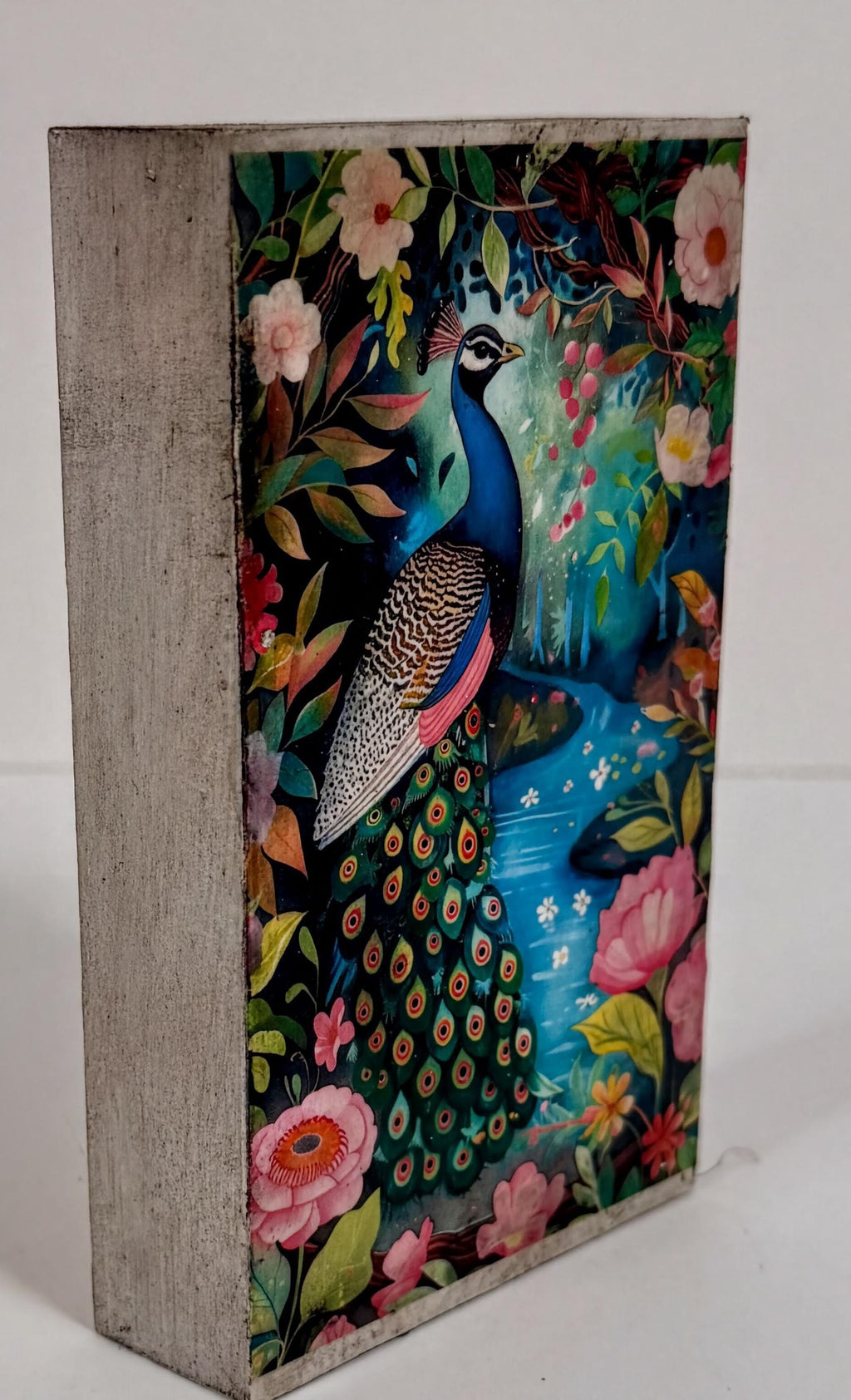 Peacock Wood Block, Vibrant Boho Decor, 3x5 Self-Standing Art by Mikela Lindel Home