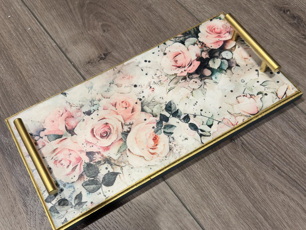 Decorative Floral Tray, Pink Rose, Brushed Gold Accents, 15.75"x8 by Mikela Lindel Home