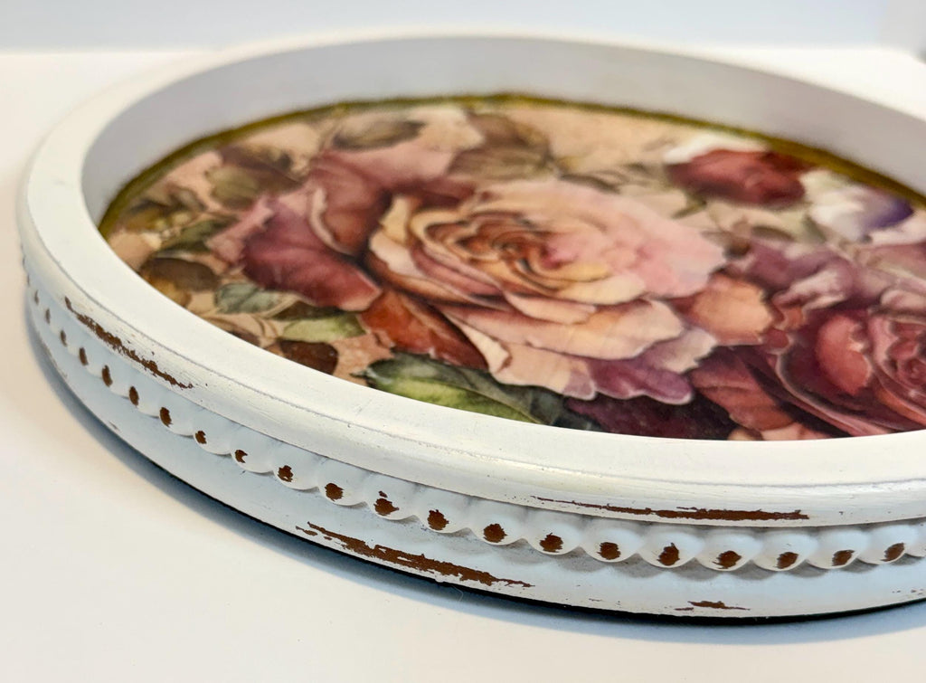 Vintage Floral Tray | Roses, 11.5-Inch Round Decoupage Tray by Mikela Lindel Home