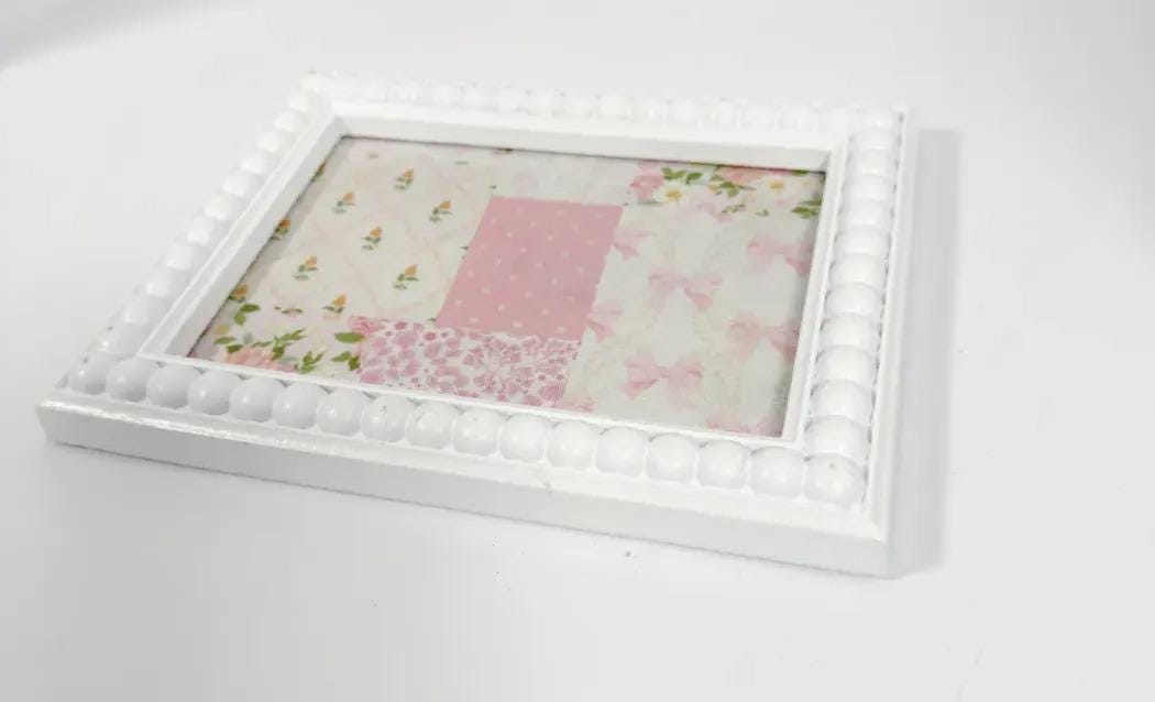 Decorative Baby Shower Tray, White Beaded Pink Patchwork, 6.5x8.5
