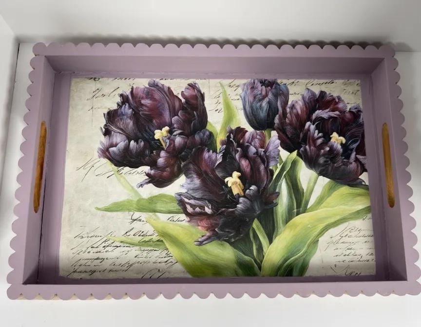 Purple Tulip Wood Tray, Lavender Botanical Decoupage Tray, 19.25x11.25 In by Mikela Lindel Home