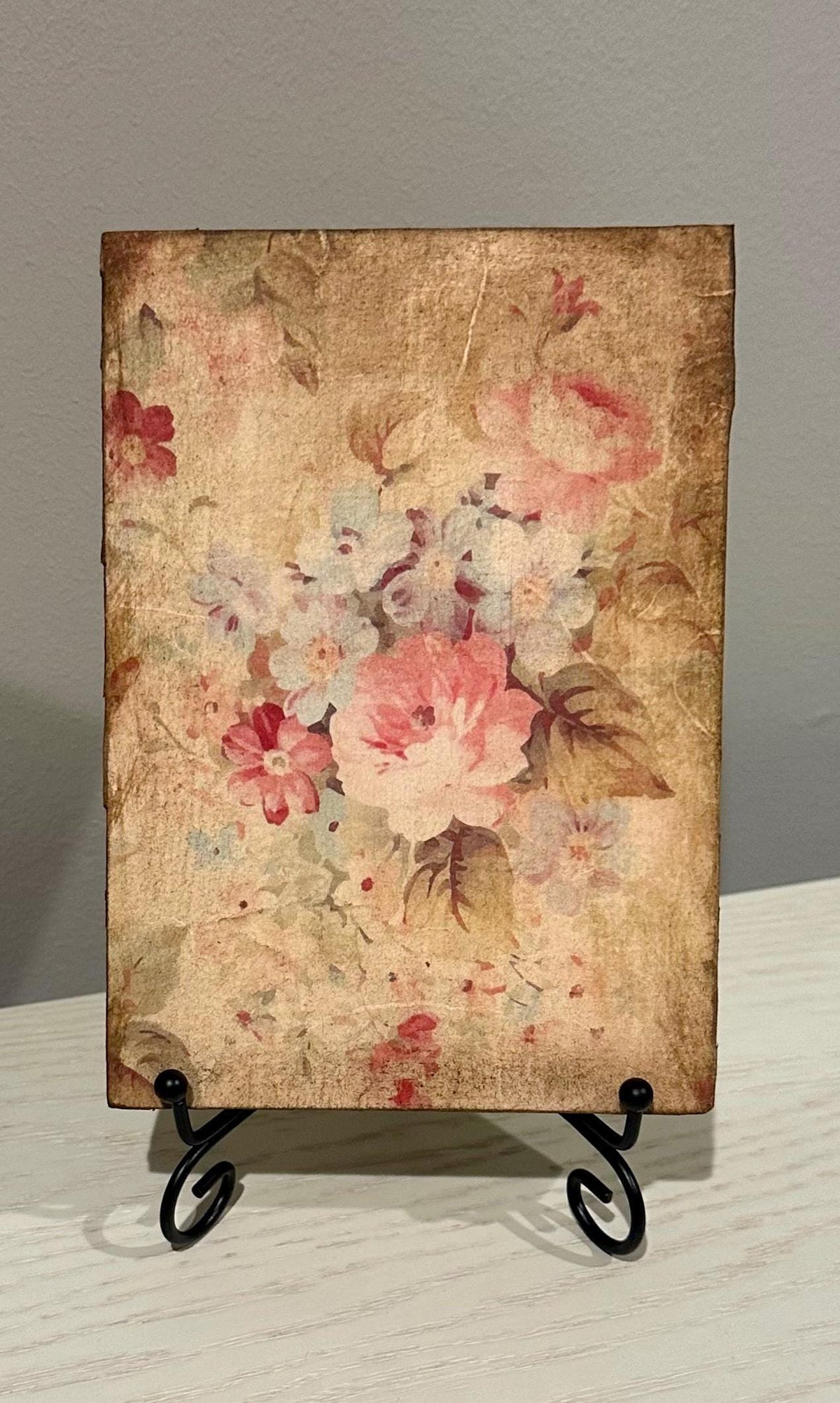 Floral Wood Block Art, Vintage Farmhouse Floral, 5"X7" Shelf Decor by Mikela Lindel Home