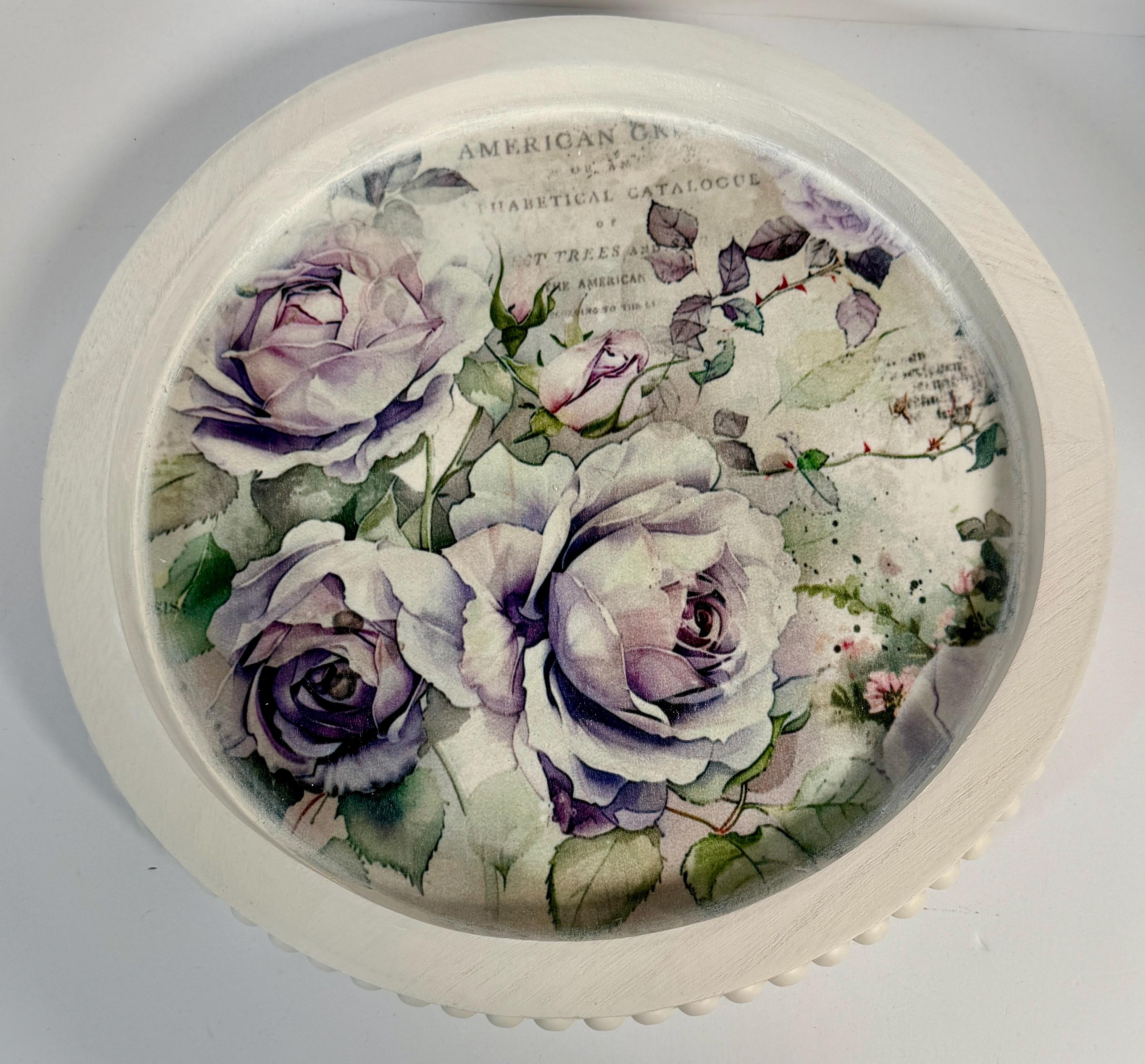 Lavender Roses on White Beaded Tray: 11.75"