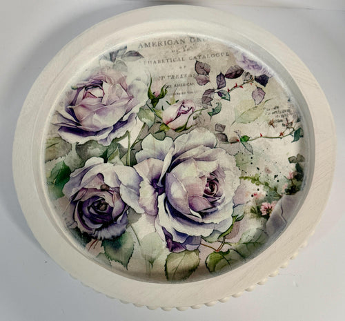 Decorative Vanity Tray, Lavender Roses, White Beaded Wood, 11.75 by Mikela Lindel Home
