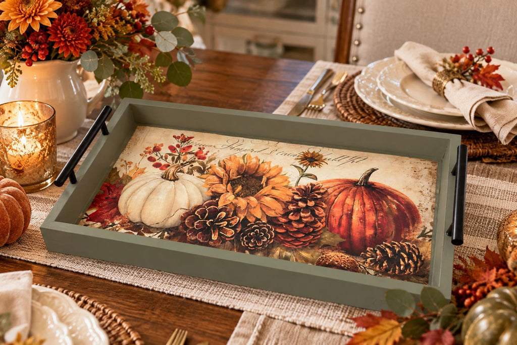 Fall Decorative Wood Tray, Pumpkin Sunflower Decoupage, Thicket Green by Mikela Lindel Home