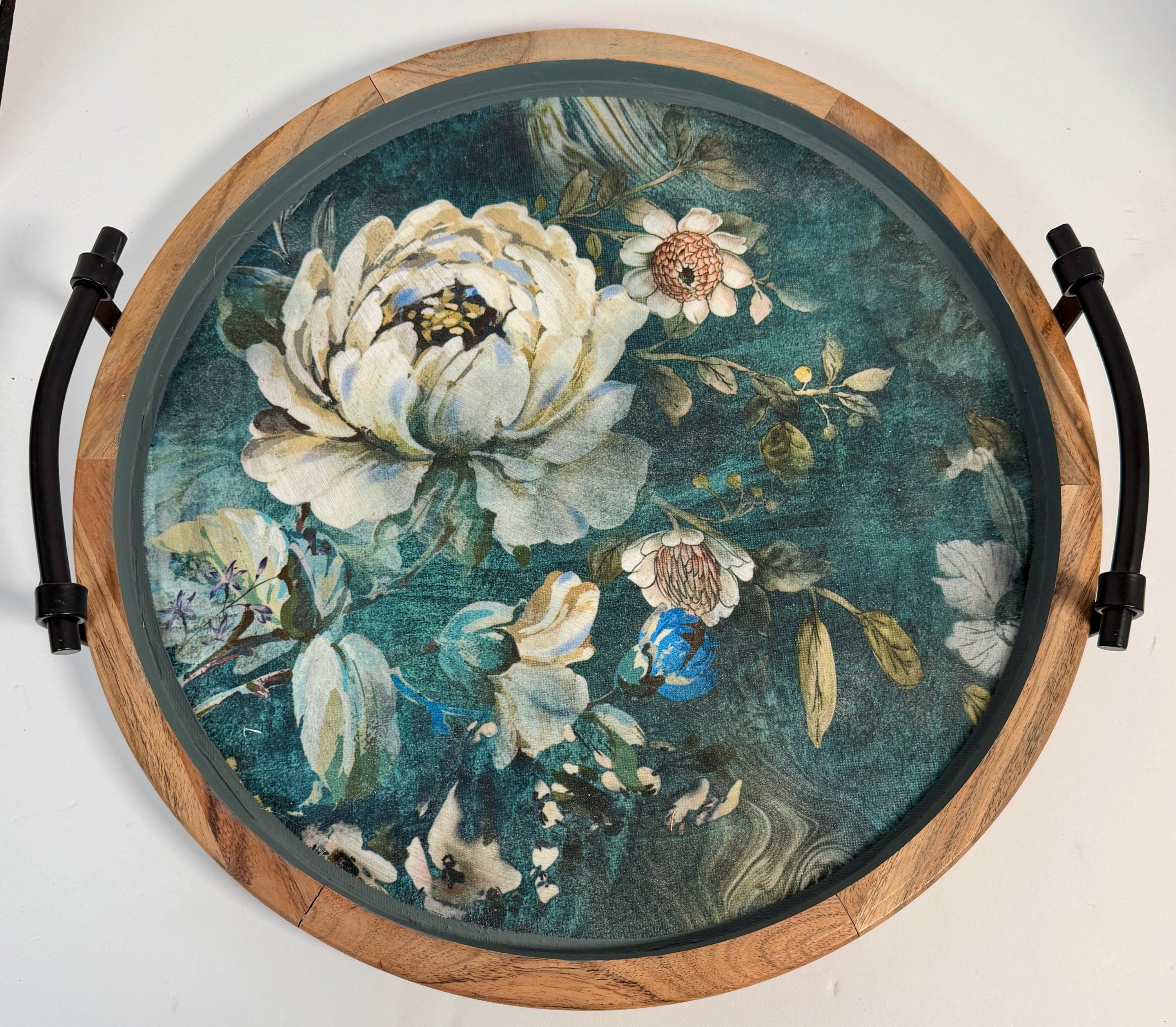 Large Blue Green Floral Tray: 16"