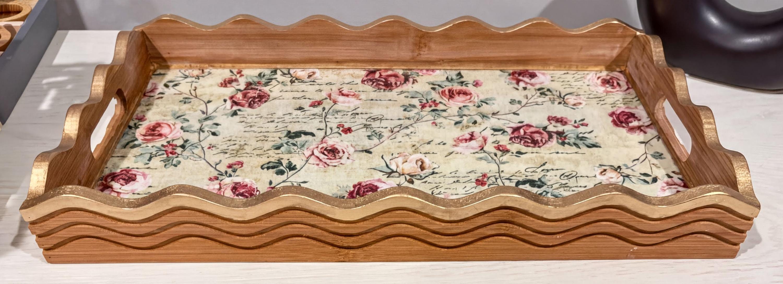 Floral Wood Tray with Gold Leaf: 17"x10"