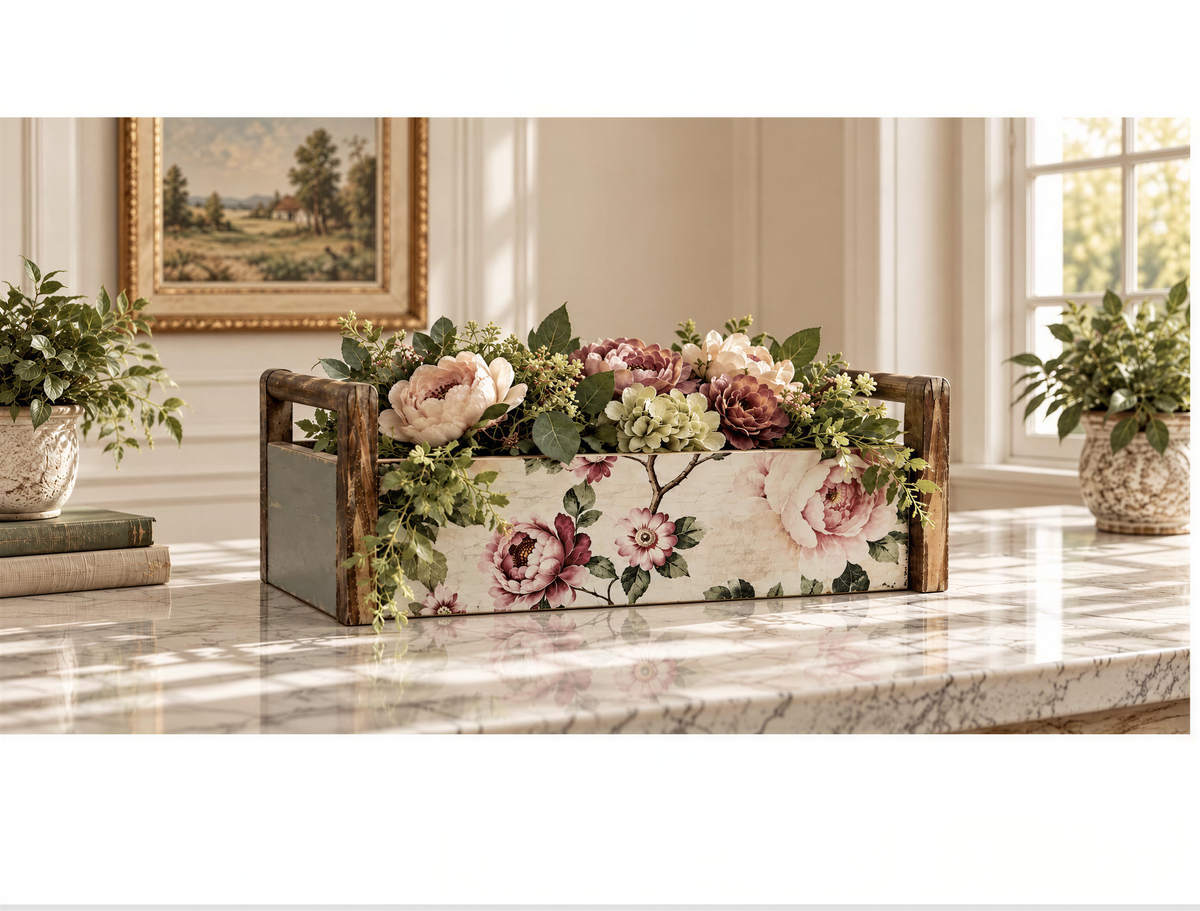 A wooden crate with a floral design, filled with various flowers and greenery, sits on a marble countertop.