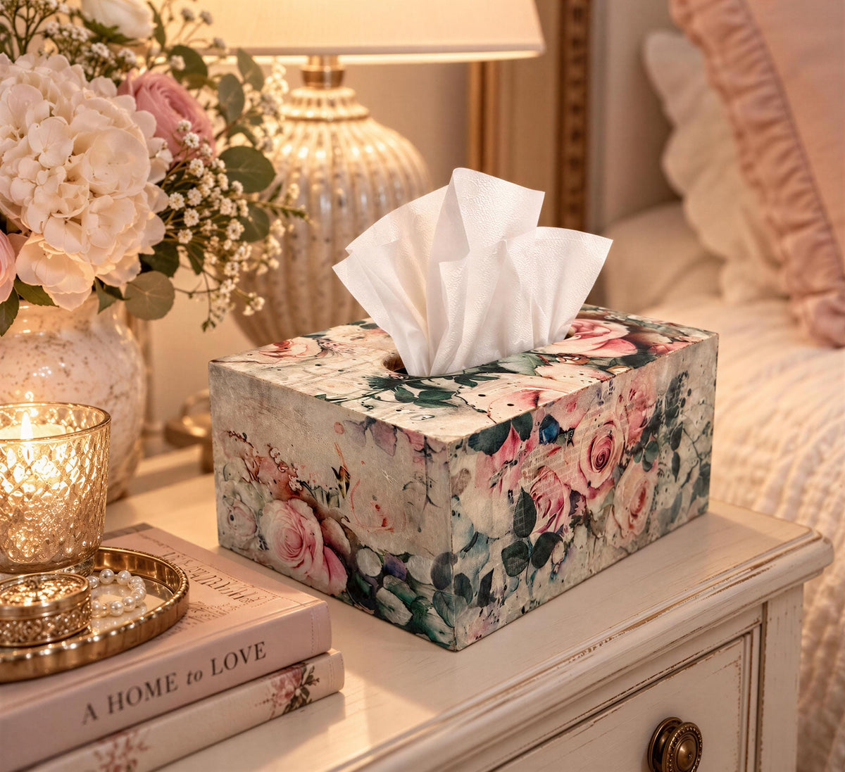 A floral tissue box with a white napkin on top, placed on a white nightstand next to a lamp and a book.