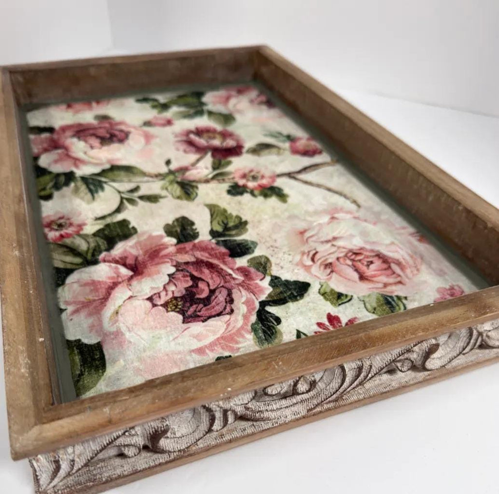 Shabby Chic Serving Tray | Pink Rose Decoupage Wood Tray 16.5x10.75 by Mikela Lindel Home