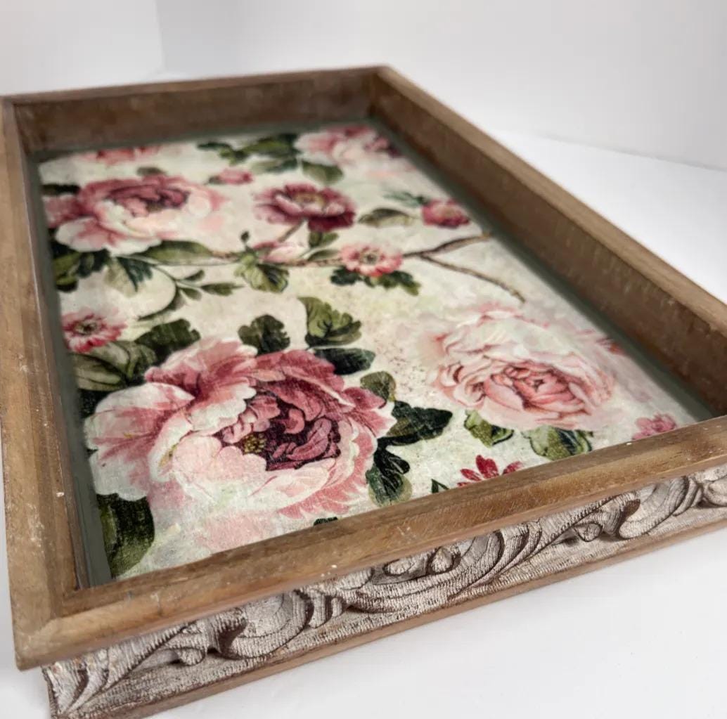 Shabby Chic Serving Tray | Pink Rose Decoupage Wood Tray 16.5x10.75 by Mikela Lindel Home