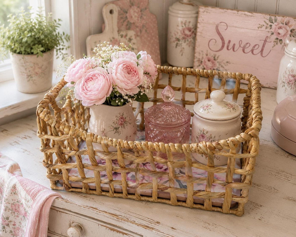 Woven Storage Basket, Peony Decoupage, 13.5 X 9 Inch Decorative Bin by Mikela Lindel Home