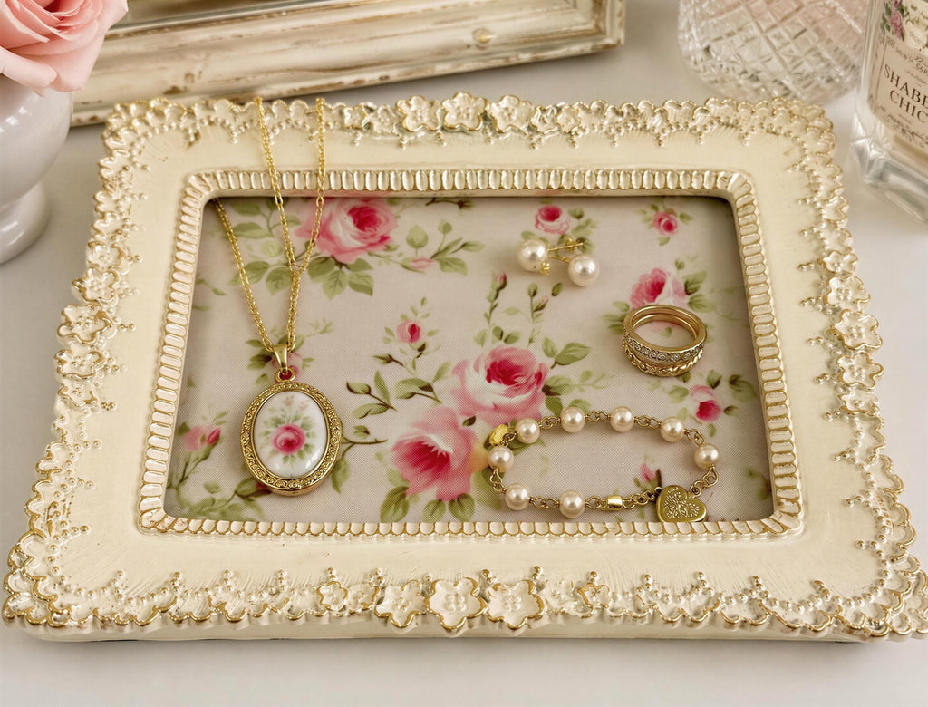 Shabby Chic Ivory & Gold Jewelry Tray: 9”x7"