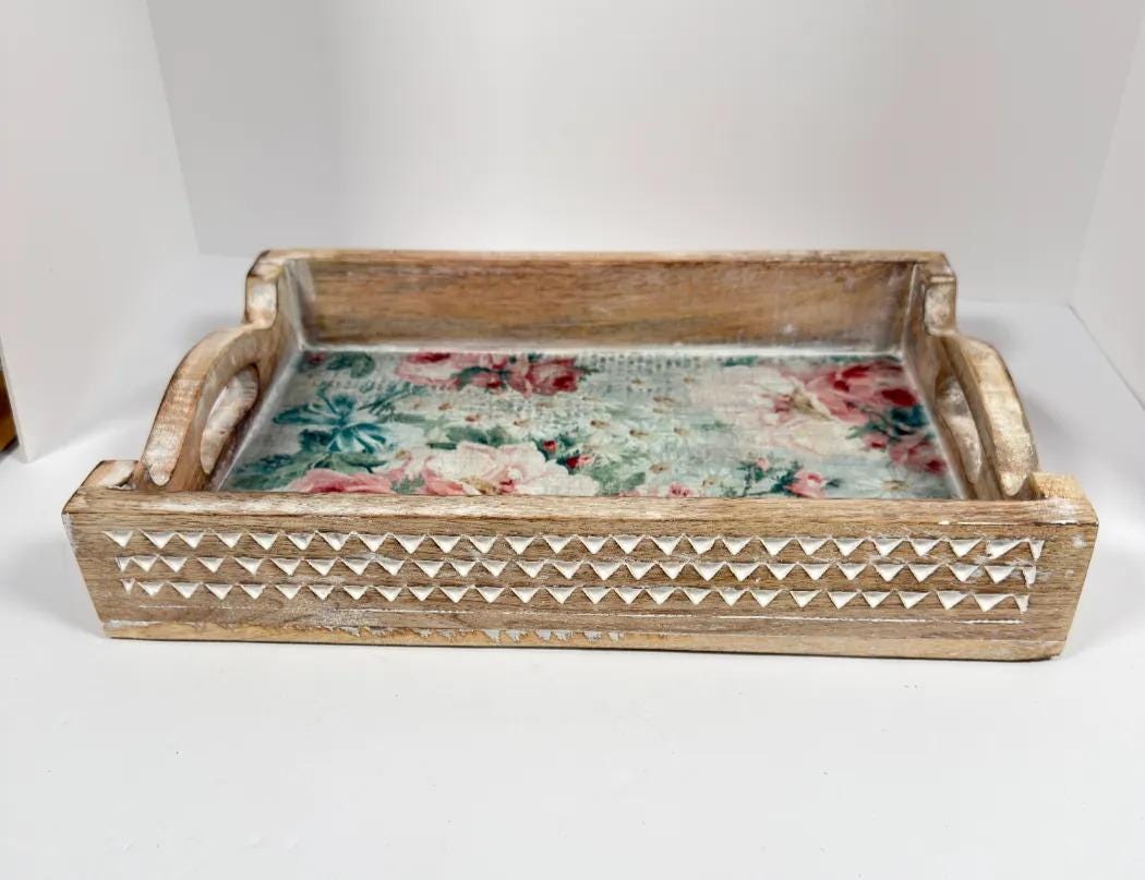 Floral Decorative Wood Tray, White Distressed Finish, 14 X 10 In