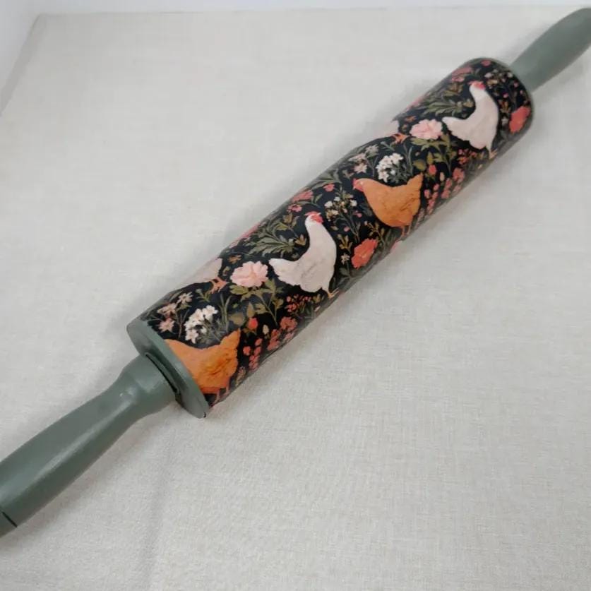 Decorative Farmhouse Hen Floral Rolling Pin 18 Inch, Sage Handles