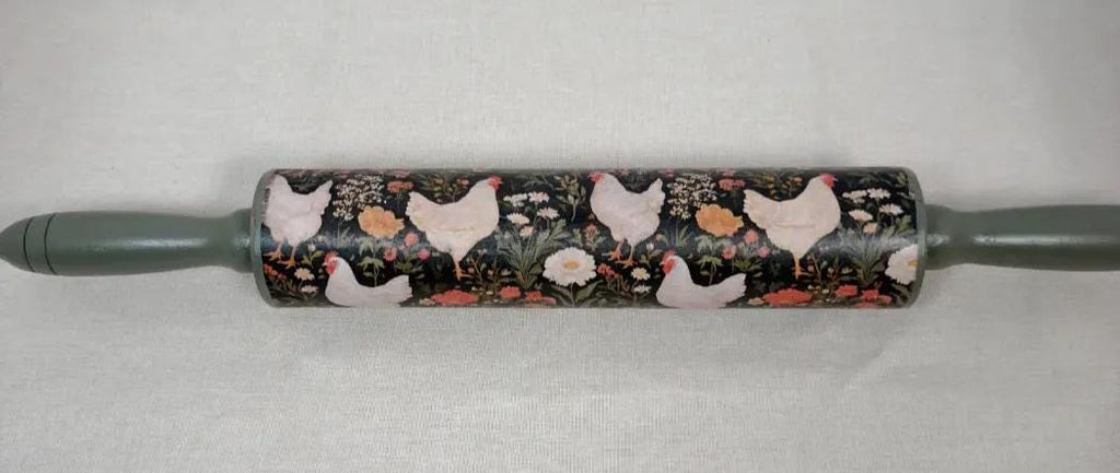 Decorative Farmhouse Hen Floral Rolling Pin 18 Inch, Sage Handles
