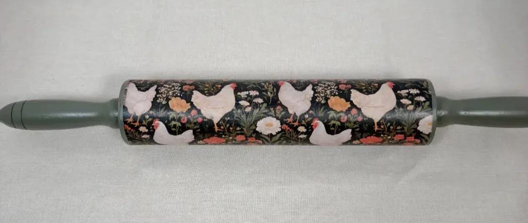 Decorative Farmhouse Hen Floral Rolling Pin 18 Inch, Sage Handles