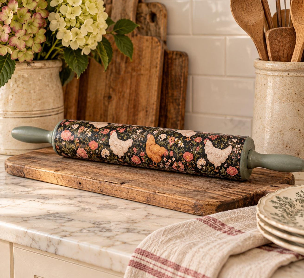 Decorative Farmhouse Hen Floral Rolling Pin 18 Inch, Sage Handles
