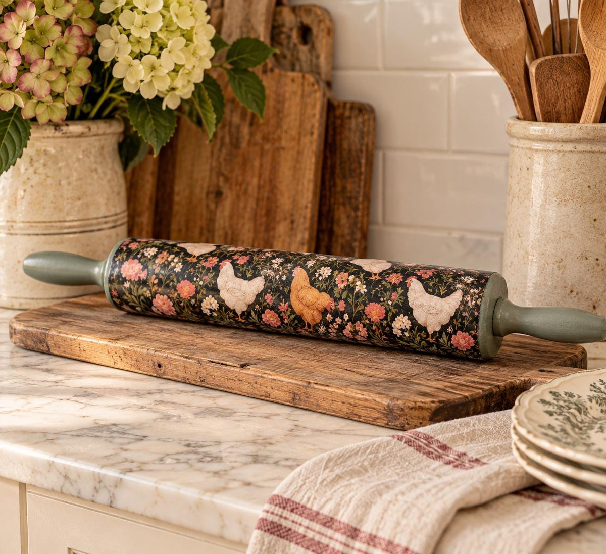 Decorative Farmhouse Hen Floral Rolling Pin 18 Inch, Sage Handles