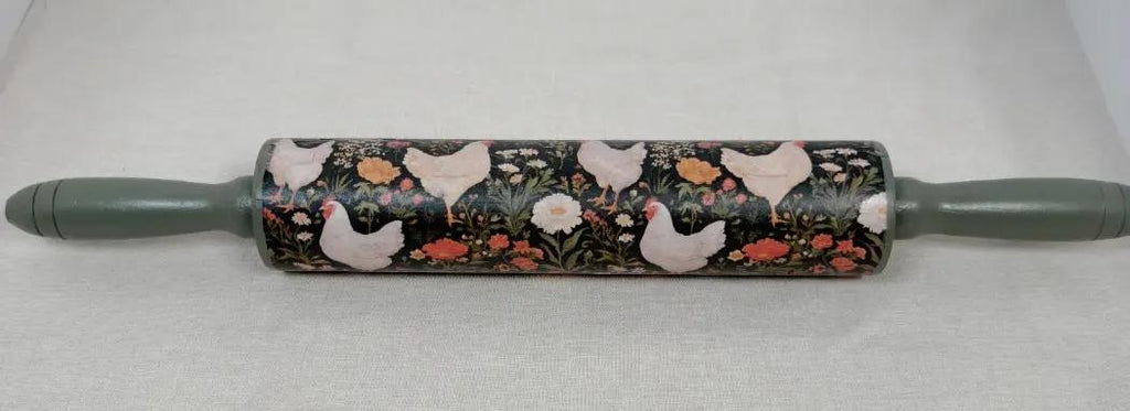 Decorative Farmhouse Hen Floral Rolling Pin 18 Inch, Sage Handles
