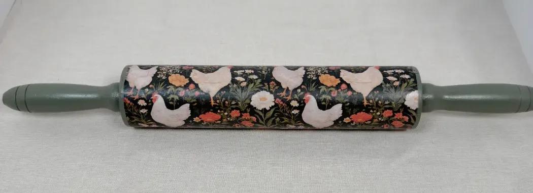 Decorative Farmhouse Hen Floral Rolling Pin 18 Inch, Sage Handles