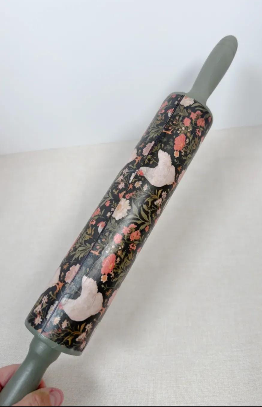 Decorative Farmhouse Hen Floral Rolling Pin 18 Inch, Sage Handles