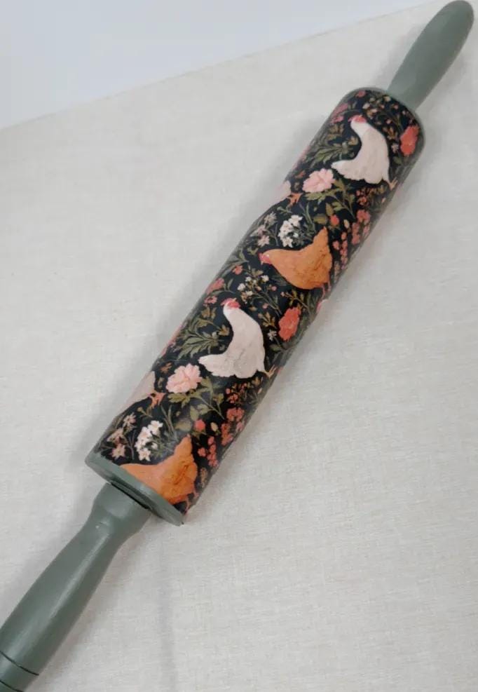 Decorative Farmhouse Hen Floral Rolling Pin 18 Inch, Sage Handles