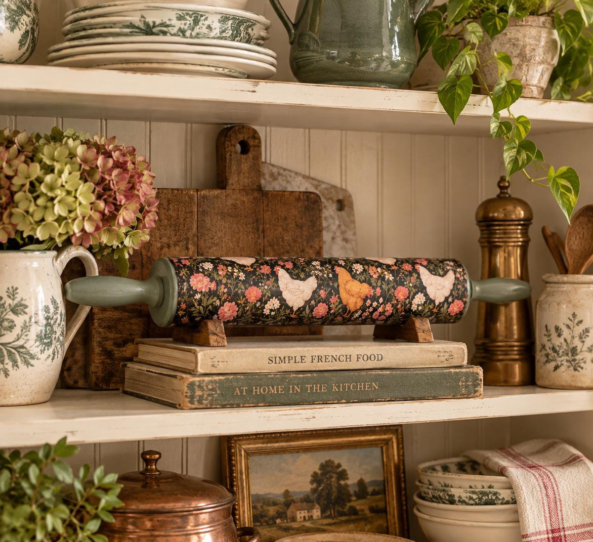 Decorative Farmhouse Hen Floral Rolling Pin 18 Inch, Sage Handles