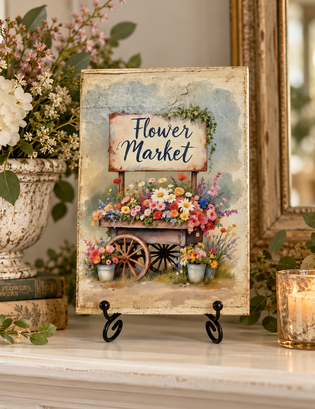 Flower Market Sign, Vintage Floral Wood Plaque With Black Stand