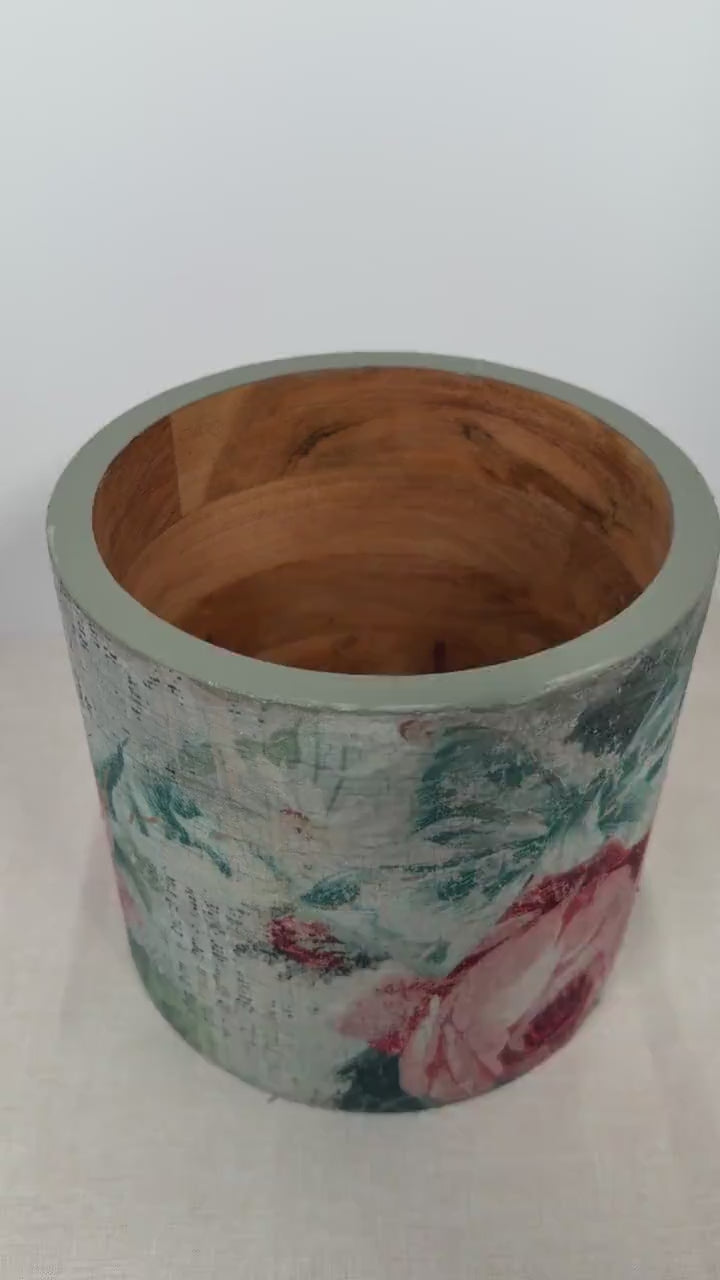 Floral Wood Utensil Holder, Rustic Farmhouse Crock, 7.5 In Tall