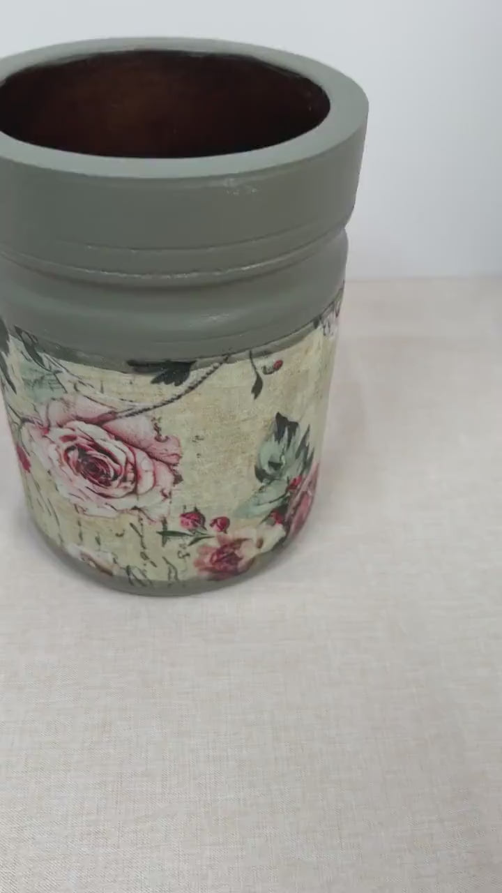 Floral Wood Utensil Holder, Sage Green Rose Crock, 5.5 In. X 7 In.