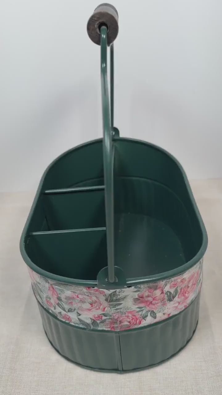 Metal Utensil Caddy, Green Divided Farmhouse Cutlery Napkin Holder
