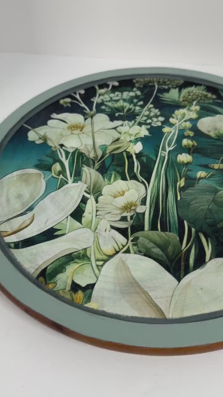 Floral Lazy Susan, Botanical Blue Green Wood Turntable, 14"