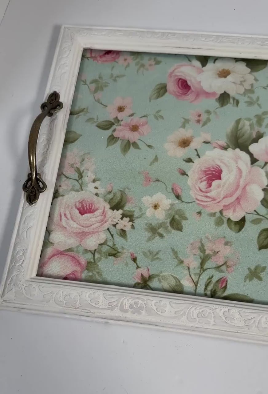 Shabby Chic Tray, White Chalk Paint Wood, Brass Handles, 17"x11"